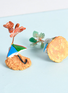 天然水晶树沙滩小伞款碎石摆件水晶树家居创意办公装饰工艺品造型