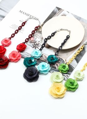 饰品亚克力项链波西米亚风链子热卖玫瑰花花朵链条配件手工