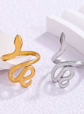 欧美跨境蛇形钛钢戒指女镀金不掉色开口不锈钢戒指