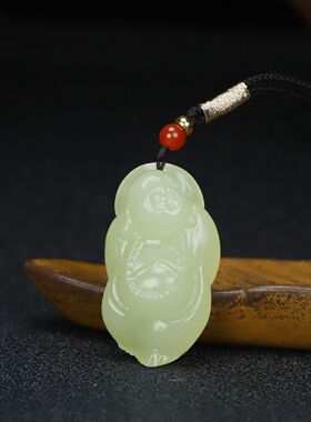 新款青白色弥勒佛笑佛精雕吊坠