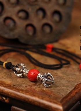 一生安朱砂金刚杵吊坠纯银镶嵌六字男女藏传项链本命年平安礼物