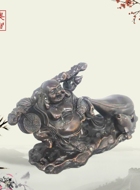 纯铜挑金币金钱弥勒佛像乾坤袋笑佛铜像布袋和尚车用茶台摆件镇纸