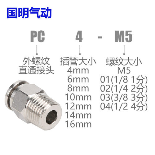 316L不锈钢气管气动气嘴螺纹直通快插接头PC8-02PT螺纹R - 图0