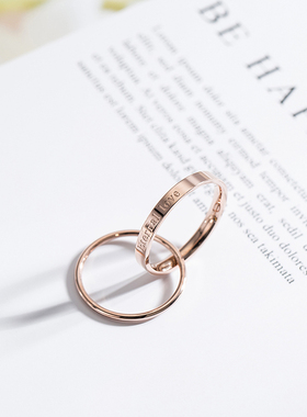 双环英文玫瑰金日韩钛钢情人戒指