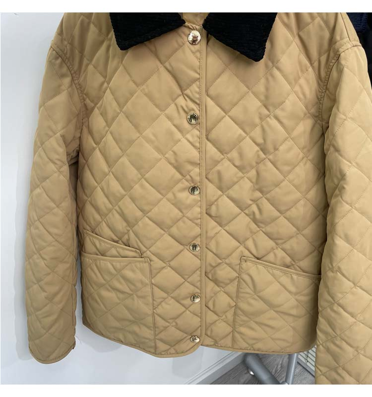 薄款羽绒服女短款2024年秋冬新款翻领复古灯芯绒拼接菱形格外套潮