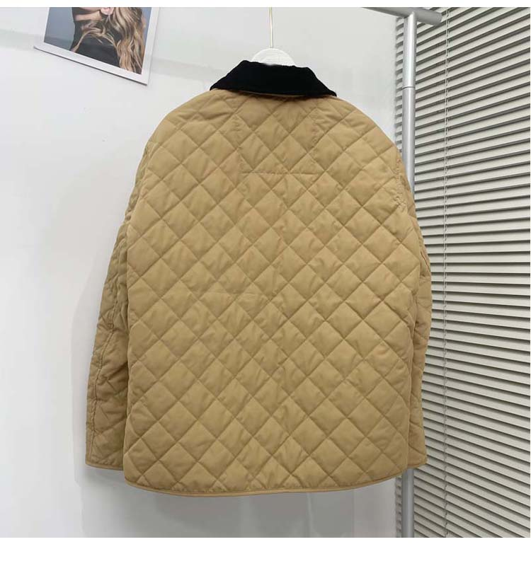 薄款羽绒服女短款2024年秋冬新款翻领复古灯芯绒拼接菱形格外套潮