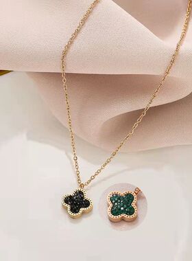 不褪色钛钢满钻四叶草双面项链女ins流行跨境热卖款时尚魅力首饰