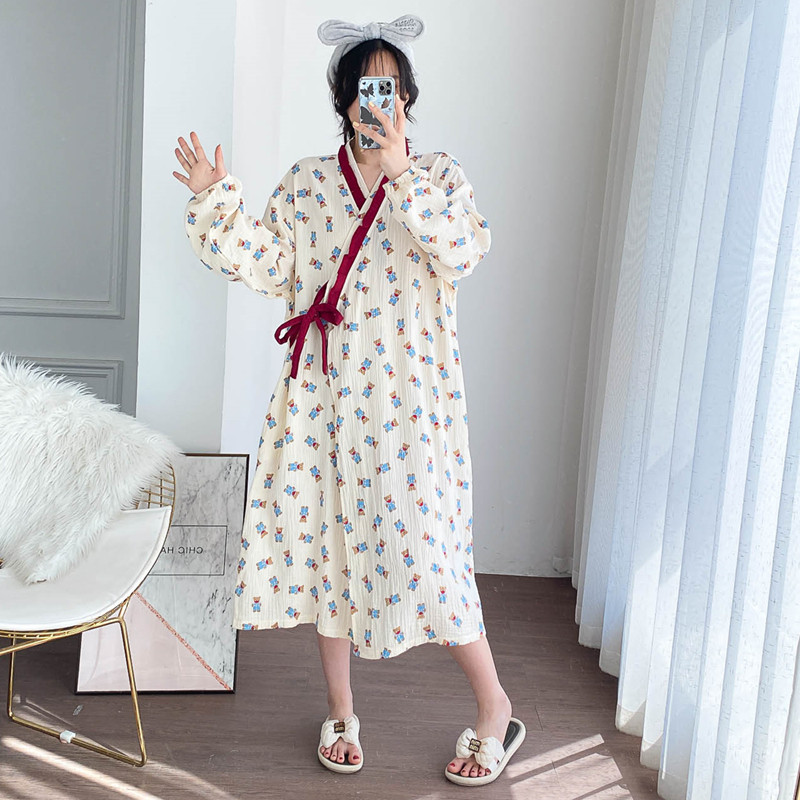 加大码纯棉双层纱汉服睡裙开衫系绳睡袍宽松孕产妇胖MM长袖家居服,淘宝优惠券,粉丝福利购,淘宝优惠卷