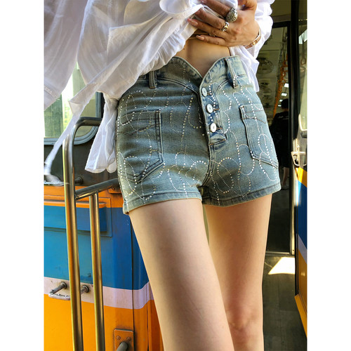 李婉君原创重磅设计85棉立体烫钻牛仔短裤女复古百搭显瘦直筒短裤 - 图1