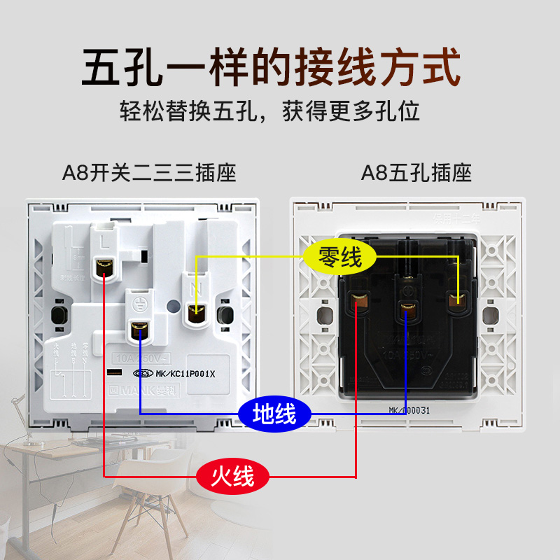 曼科开关插座A8多孔家用二三插五孔插座面板墙壁86型暗装带USB孔-图3