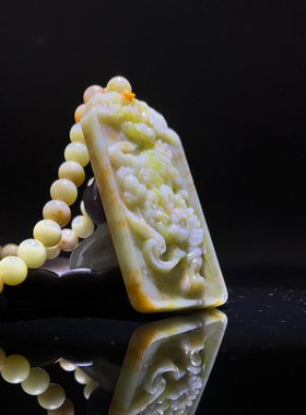 荷花玉器貔貅牌吊坠项链岫玉花玉吊坠方牌