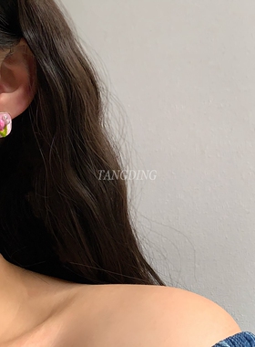 文艺油画感滴油郁金香花朵耳钉女