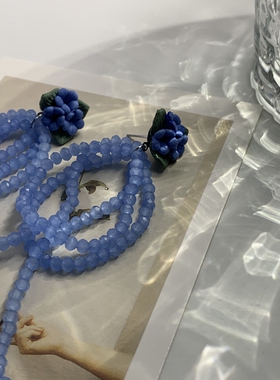 串珠耳环蓝色水晶蝴蝶结流苏耳坠
