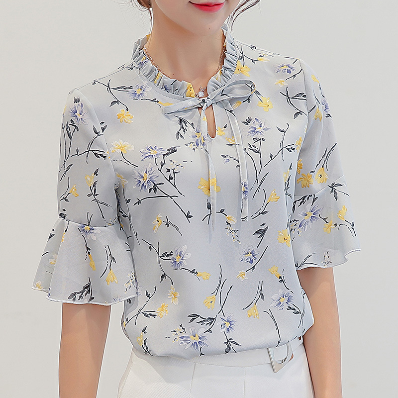 彩黛妃2023夏季新款韩版女装OL打底衫时尚修身短袖休闲雪纺衬衫