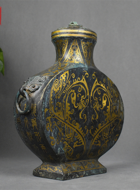 青铜器盛酒器错金扁壶铜壶