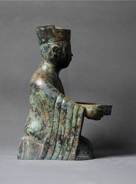 御如意铜灯中式跪人举油酥灯摆件