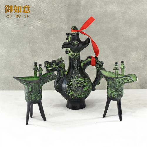 青铜器摆件婚礼用酒壶酒杯三国汉代三足壶龙凤壶套装汉婚影视道具 - 图1