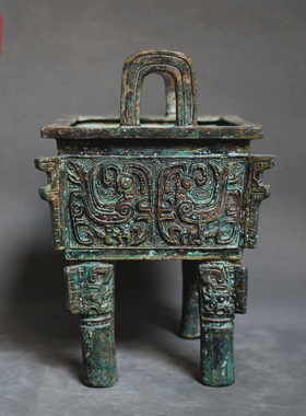 仿古青铜器做旧凤纹铜鼎双凤方鼎乔迁送礼办公室摆件工艺装饰礼品