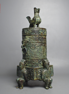 青铜器仿古秦代人俑立鸟双凤壶