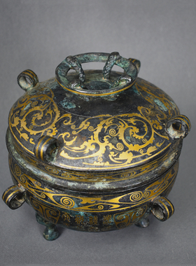 错金银青铜器几何纹簋敦圆豆摆件