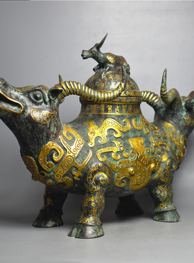 青铜器错金母子牛尊三牛觥摆件