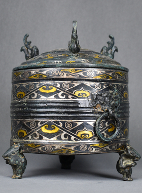 仿古青铜器错金银三足圆鼎摆件