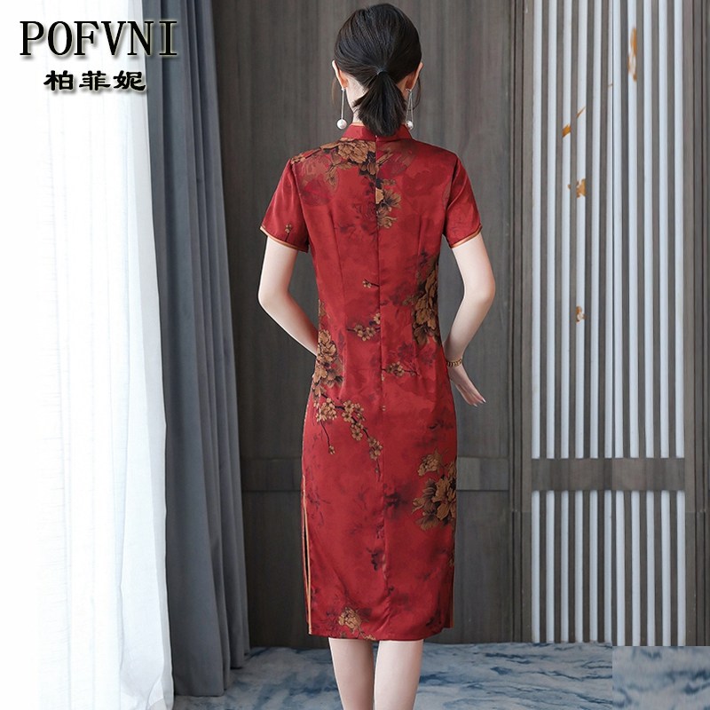 年轻款复古红色仿真丝旗袍连衣裙 柏菲妮旗袍