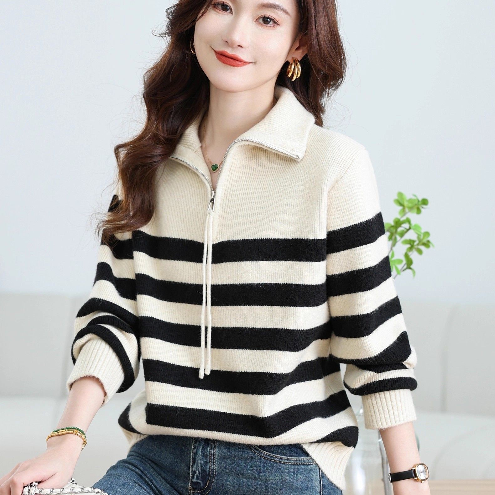 2025秋冬东莞大朗翻领毛衣不起球半拉链条纹立领打底针织衫女上衣 - 图0