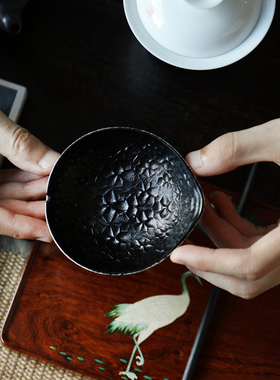 贡匠紫光檀大漆贴蛋壳见山茶则