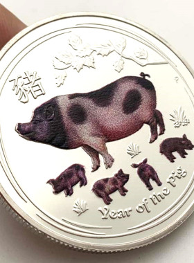 澳大利亚十二生肖动物猪彩绘镀银纪念章 工艺猪硬币贺岁纪念币