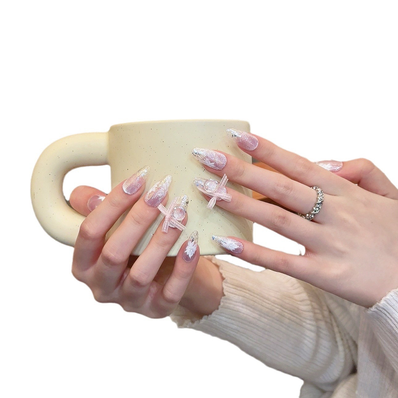 纯手工美甲贴梨花香瓷白细腻猫眼欧泊粉立体钻蝴蝶结光疗美甲贴片,淘宝优惠券,粉丝福利购,淘宝优惠卷