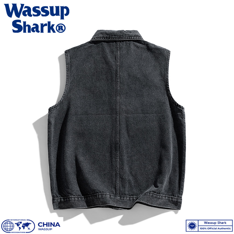 Wassup Shark美式牛仔马甲男春秋夏复古工装坎肩休闲百搭翻领上衣 - 图1