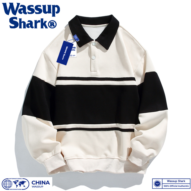 Wassup Shark美式复古翻领卫衣男秋季宽松polo衫男女情侣学生上衣