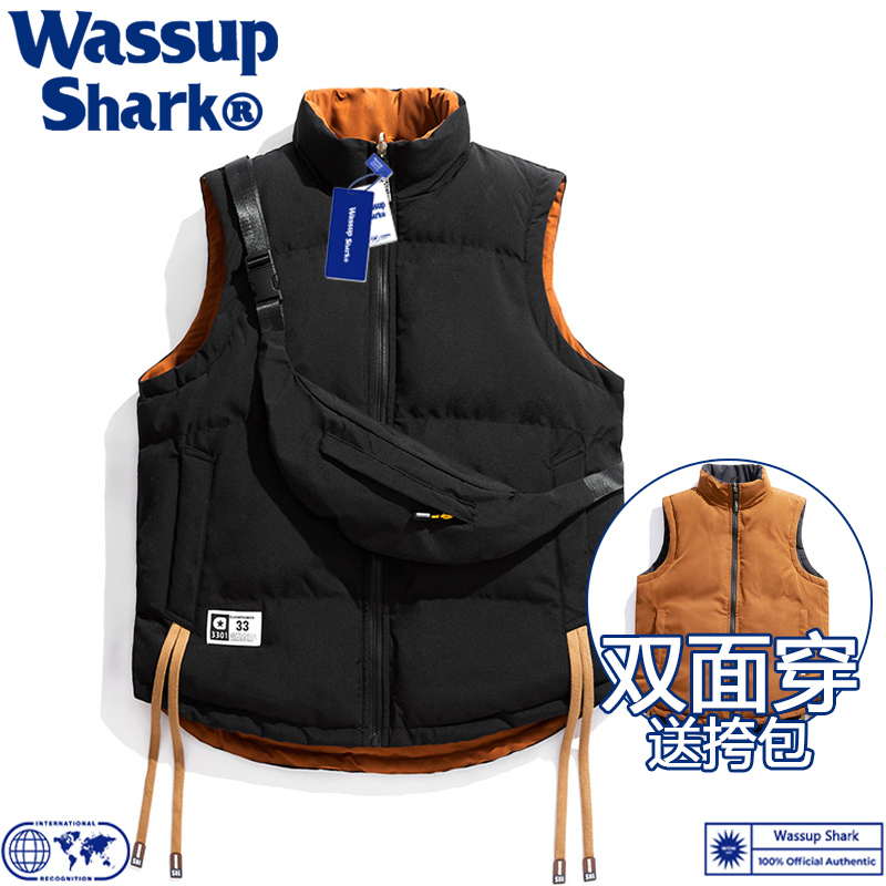 Wassup Shark潮牌双面穿马甲男女情侣秋冬季加厚保暖羽绒棉服无袖-图0