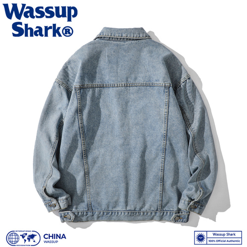 WassupShark美式牛仔外套男春秋季复古工装休闲夹克百搭翻领上衣