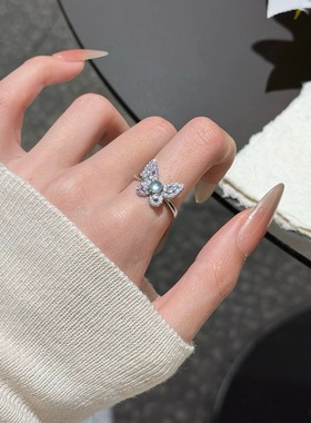 蝴蝶戒指女款开口可调节危料蓝水翡翠蝴蝶结S925纯银送女友希洛阁