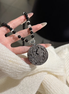 天然黑曜石 银曜石九尾狐狸吊坠花好月团圆回眸狐狸项链