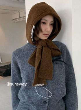 sunsway秋冬氛围感韩国ins手工缝线围脖女护耳保暖帽巴拉克法帽