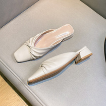 Baotou half slippers women summer 2022 new square head wild fairy low heel lazy sandals outside wearing single shoes