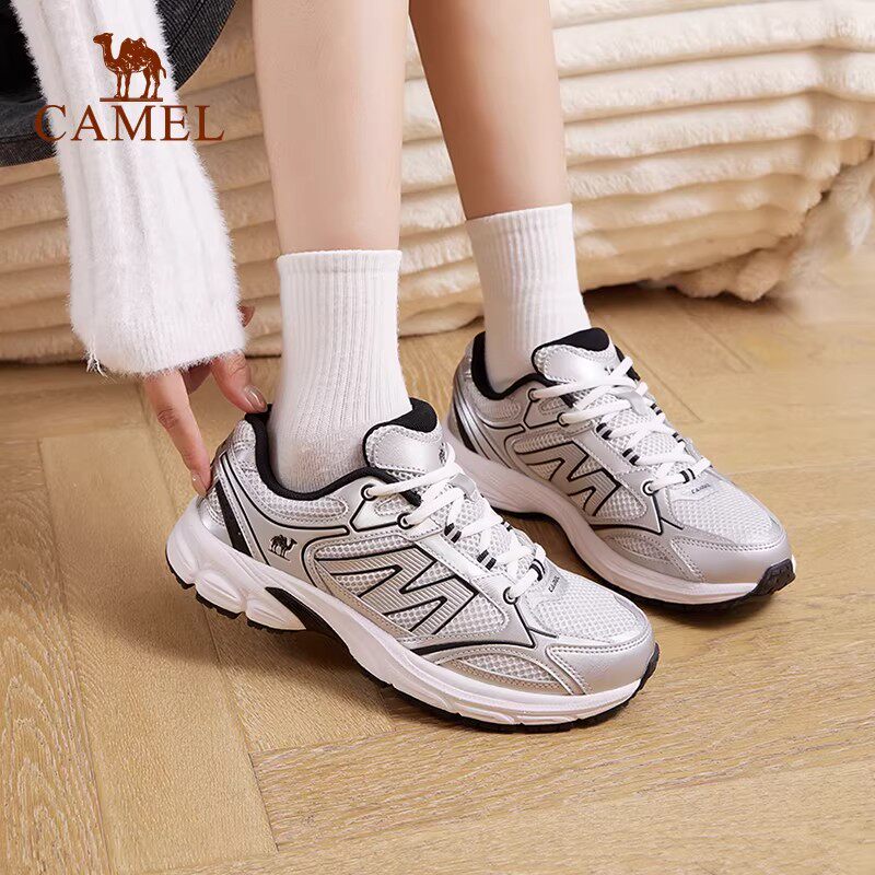 骆驼慢跑鞋女2026春新款耐磨网面复古休闲鞋老爹鞋舒适银色运动鞋