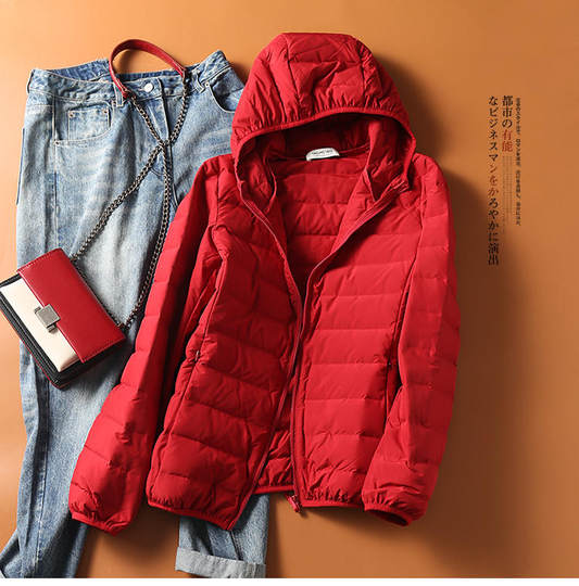 回馈老粉，不抢悔一年！！90%白鸭绒运动连帽合身休闲轻羽绒服 女