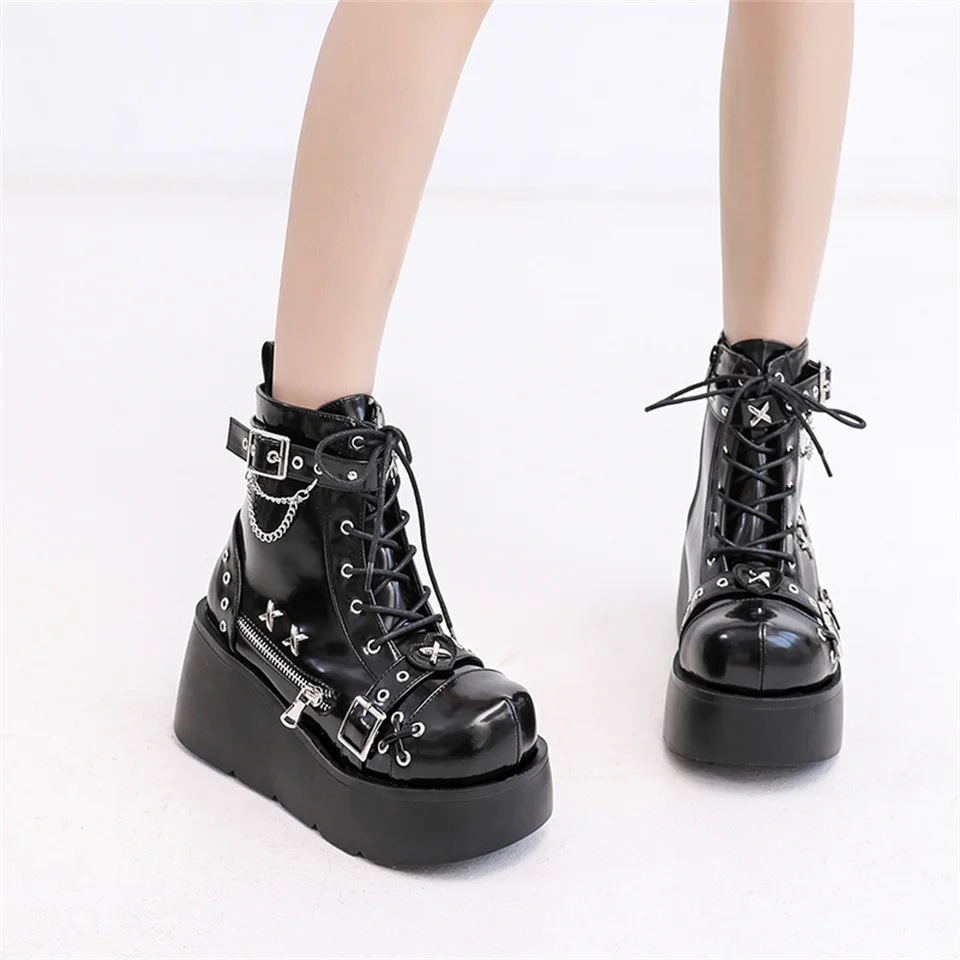 punk women motorcycle boots wedge boots暗黑朋克机车靴短靴女 - 图2