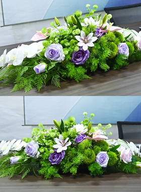 会议桌花仿真花商务活动办公室长桌装饰花艺签约洽谈桌餐桌花摆放