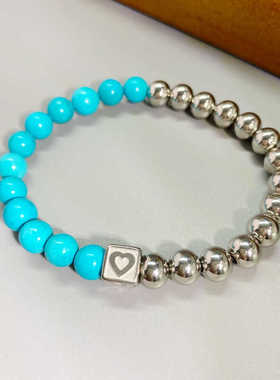 花儿与少年秦岚同款手链女绿松石拼接不对称弹力爱心手串个性气质