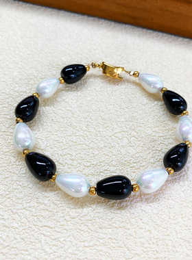 高级黑白水滴珍珠手链女钟楚曦同款弹力串珠手串2024年新款时尚