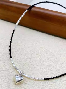 S925纯银碎银几两黑色尖晶石爱心项链女锁骨链小众设计个性甜酷潮