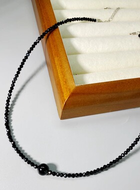 尖晶石甜酷黑色串珠项链S925纯银