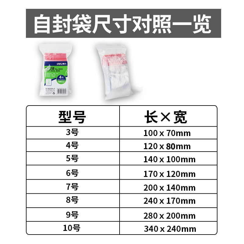 得力加厚密封袋透明一次性塑封自封袋分装封口袋食品包装塑料袋子3.4.5.6.7.8.9.10.11.12号发票专用自封袋-图3