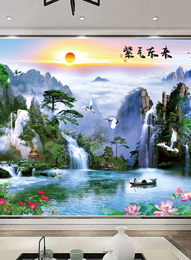 中式山水风景画墙贴自粘