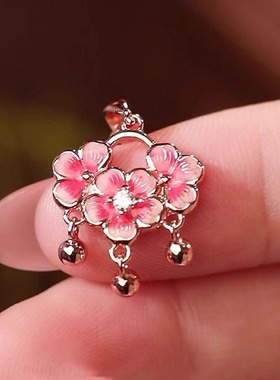 浪漫桃花项链纯银铃铛粉色吊坠